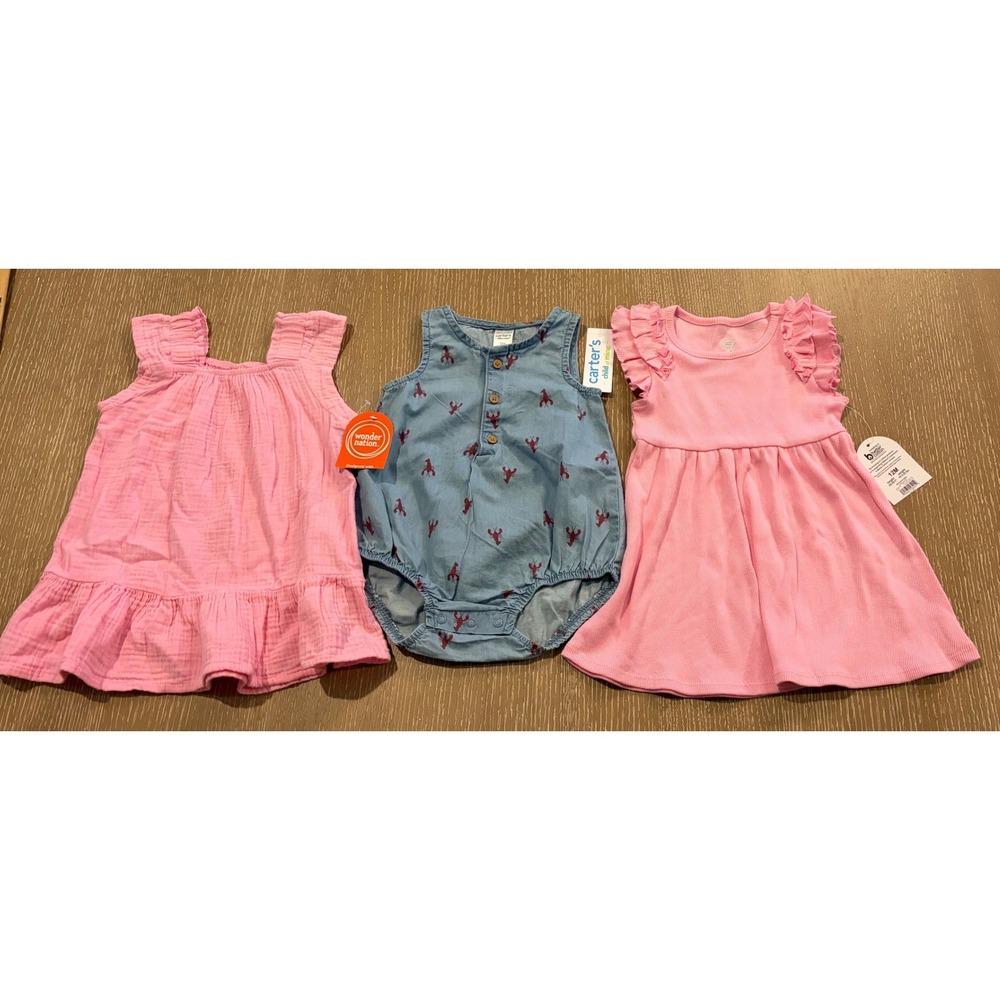Baby Girl 12M Clothing Lot 3‎ Piece NWT Pink Dress Lobster Rompers Summer